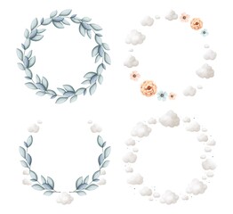 Watercolor set of wreaths with flowers and branches of eucalyptus, roses and clouds. The illustration is perfect for design and printed products. JPG image format 300 dpi