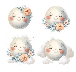 Watercolor set of illustrations of the moon with a face in the clouds and flowers with eucalyptus.
The illustration is perfect for design and printed products. JPG image format 300 dpi.