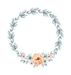 Watercolor illustration of a wreath of eucalyptus branches, delicate roses and flowers in pastel colors. The illustration is perfect for design and printed products. JPG image in 300 dpi format.