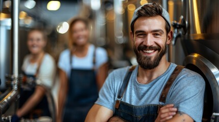 Dedicated brewery workers maintaining equipment and sharing a cheerful moment