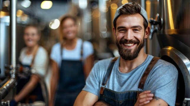 Dedicated brewery workers maintaining equipment and sharing a cheerful moment - Powered by Adobe