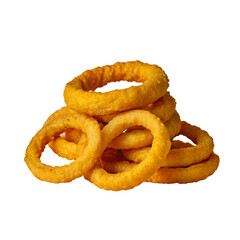 Close-up of crispy, golden onion rings stacked together. Perfect for food blogs, menus, and culinary presentations.