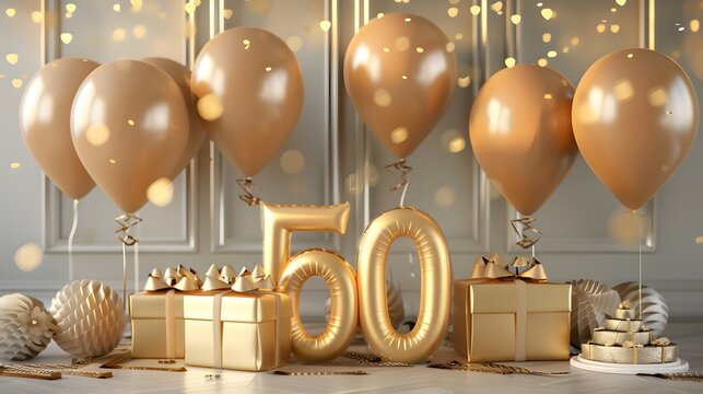 Number 50 gold birthday celebration balloon on a confetti glitter background