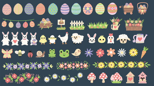 Pastel Easter garden illustration set. Easter eggs, easter bunnies, farm animals, spring flowers and more. Hand drawn vector illustrations.
