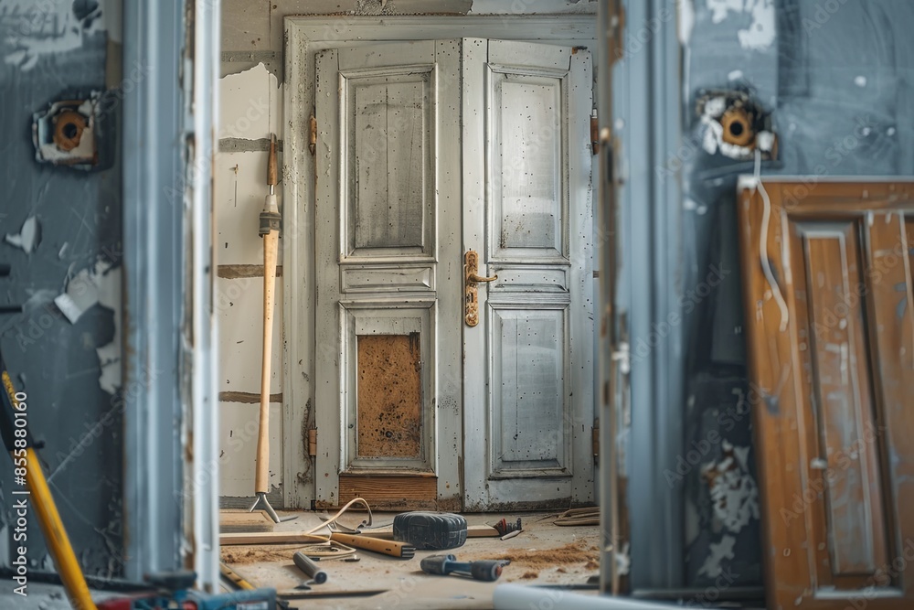 Aufkleber a glimpse into the meticulous process of replacing a door during a renovation project, showing the o