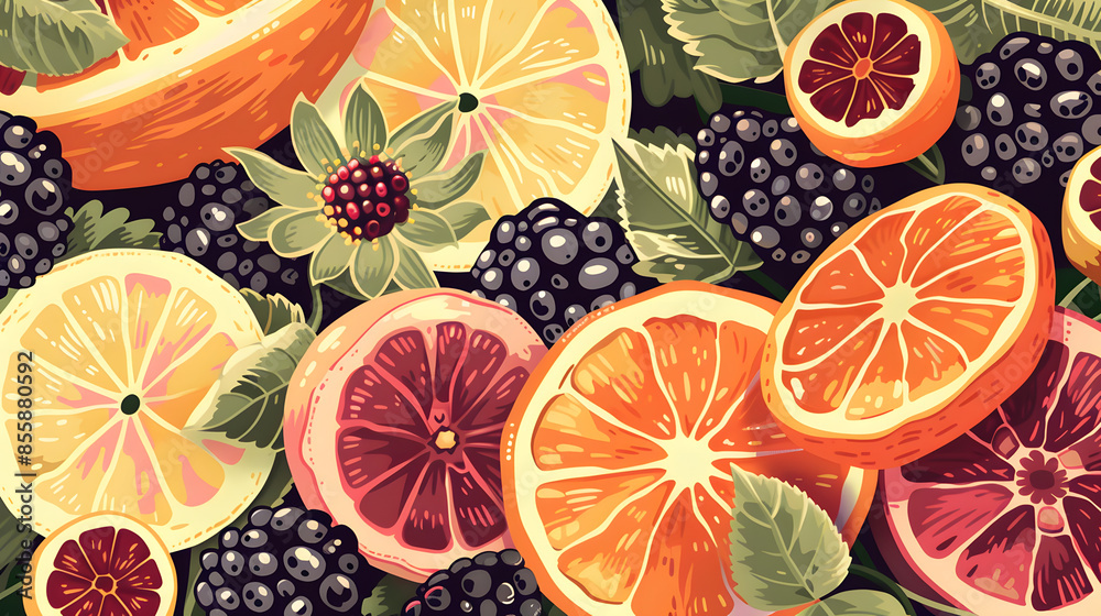 Poster blackberries and raspberries and poppies and orange slices and lemon slices and grapefruit slices - Posters