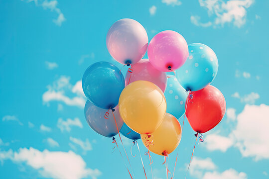 Colorful balloons floating in the blue sky.