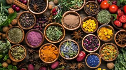 herbs spices and fruit used in herbal medicine wide angle lens