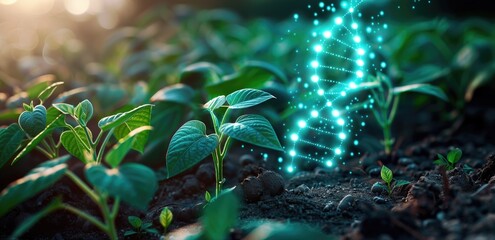 A glowing digital DNA strand rising among young plants in a field, symbolizing advancements in agricultural biotechnology. Concept: Modern genetic engineering.