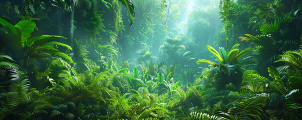 Fototapeta premium A dense rainforest teeming with life, its trees towering overhead and its undergrowth filled with exotic plants and animals.