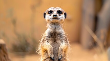 Fototapeta premium Curious Alert Meerkat Standing on Hind Legs in Natural Habitat with Copy Space