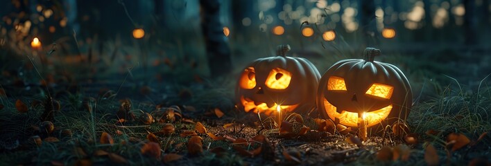 Halloween Pumpkin Head with Carved Scary Smiling Face at Night Outside. Jack-O-Lantern, Burning Candles Outdoor. Halloween Dark Composition Backyard Decor. Pumpkins Black Background. All Saints Day
