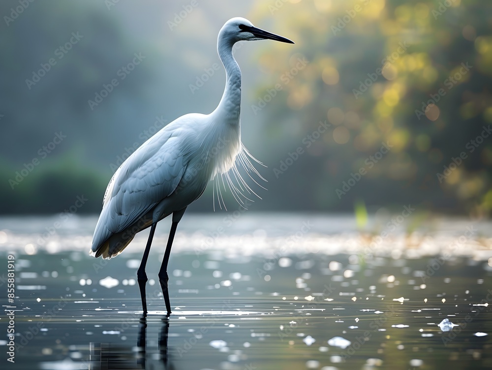 Sticker Graceful crane standing in a shallow pond elegant and tranquil concept