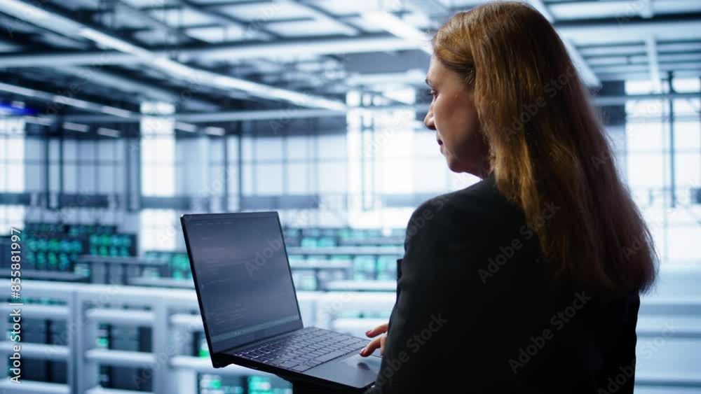 Aufkleber system administrator in data center typing on laptop, running error checking utilities to fix proble