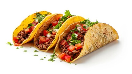 Mexican tacos with beef in tomato sauce and salsa isolated on a white background wide angle lens