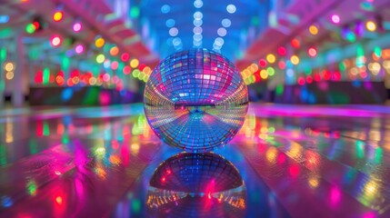mirrored disco ball on dance floor with colored lights wide angle lens