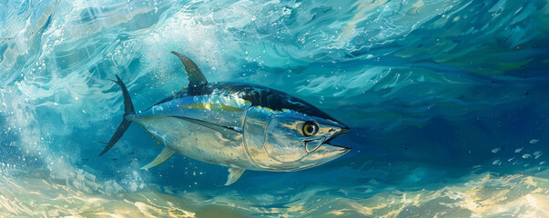 Fototapeta premium Blue fin tuna fish swimming in clear ocean water.