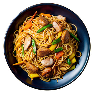 Delicious plate of chicken chow mein featuring noodles and fresh vegetables in a dark bowl. Vibrant and appetizing Chinese cuisine.