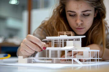 Undergraduate architecture students work on models of the modern box glass house. Holding the part of the model while thinking about concepts of building and construction. Focusing on her hand

