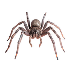 Detailed close-up of a tarantula spider with visible fangs and fuzzy legs isolated on white background.