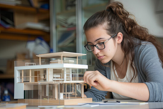 Undergraduate architecture students work on models of the modern box glass house. Holding the part of the model while thinking about concepts of building and construction. Focusing on her hand
