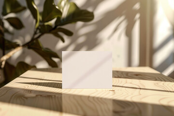 Sunlight casting shadows of a plant on a blank greeting card standing on a wooden table