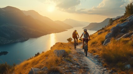 Obraz premium Group of cyclist ride together on road bicycles in beautiful nature. Sunset light, sea in background