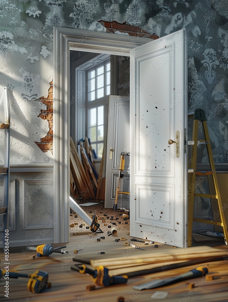Poster Workers install a new door in a room, tools and materials are scattered around, sunlight shines in through the windows. Generative AI