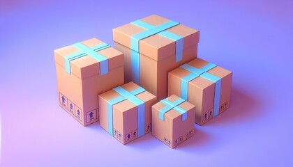 Fototapeta premium A group of cardboard boxes of different sizes are stacked on a purple background. The boxes are tied with blue ribbon. Online orders, delivery, shipment, package, logistics, e-commerce, retail,