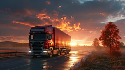 A big driving fast truck with a red trailer and other cars on a countryside road with autumn trees against a blue sky with a sunset