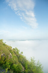 Beautiful landscape photo with mysterious dense fog. Morning with fog.
