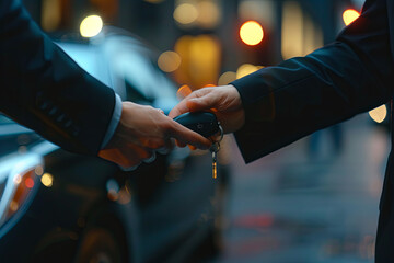 Close-up Of Valet's Hand Giving Car Key To Businessperson
