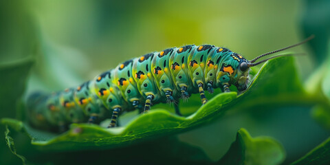 A caterpillar crawling along a green leaf, highlighting its segmented body and vibrant colors