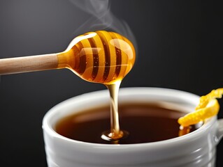Close-up of honey dipper dripping honey into a cup of tea with lemon zest, creating a warm and cozy atmosphere.