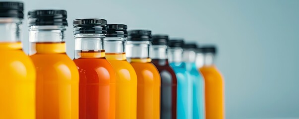 Colorful assortment of bottled drinks lined up in a row, showcasing a variety of beverages on a blue background. Perfect for refreshment advertisement.