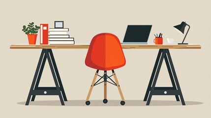 Vector Illustration of Modern Office Desk with Laptop, Books, Plant, Lamp, and Red Chair on Beige Background
