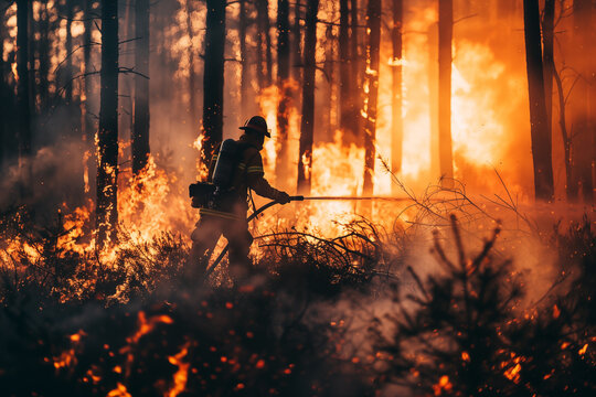 fireman putting out a forest fire. Photo generated using AI