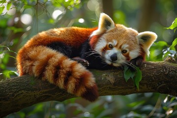 A red panda lounging on a tree branch, surrounded by green leaves. The red panda's bushy tail is hanging down and it has a relaxed expression 