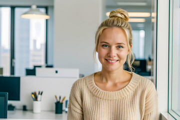 A portrait of a happy businesswoman, enjoys work