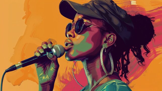 Female artist energetically rapping on stage with microphone