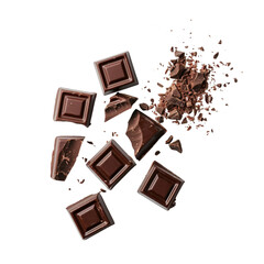 chocolate pieces scattered on white background, crushed chocolate pieces floating on air 