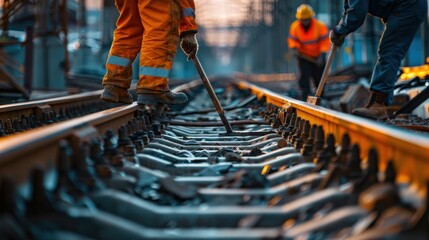 Railway workers repairing the rails , concept of Infrastructure maintenance wide angle lens
