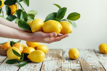 Hand with harvest lemon in hand and lemons on wooden table on white isolated background. Front view. Horizontal composition.