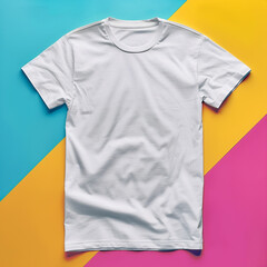 White realistic T shirt mockup design on colorful modern background