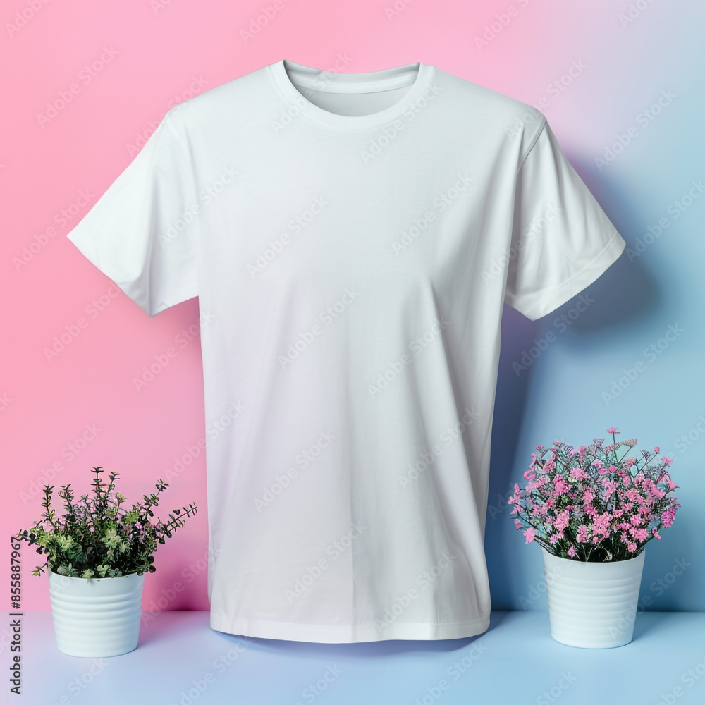 Poster White realistic T shirt mockup design on colorful modern background