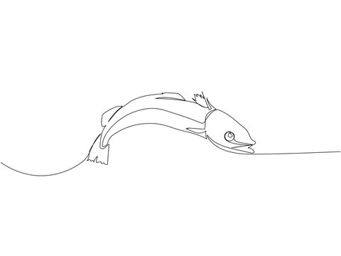 fish, hake, pollock, sea fish one line art. Continuous line drawing of farm, nature, agriculture, fish farming, fishing.