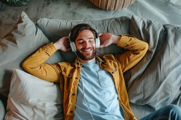 Fototapeta premium Happy and funny man lying on a sofa on his back listening to music from a mobile with white headphones