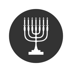 Menorah candelabrum with seven lit candles graphic icon. Candlestick in the form of a menorah sign isolated on white background. Vector flat  sign