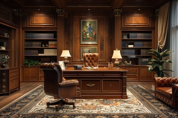 Fototapeta premium A professional home office with a large executive desk,