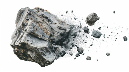 Naklejka premium Rock stone white background fall black falling space isolated splash dust mountain cliff flying. Earth stone boulder texture rock abstract broken powder white dirt blast float burst fantasy surface
